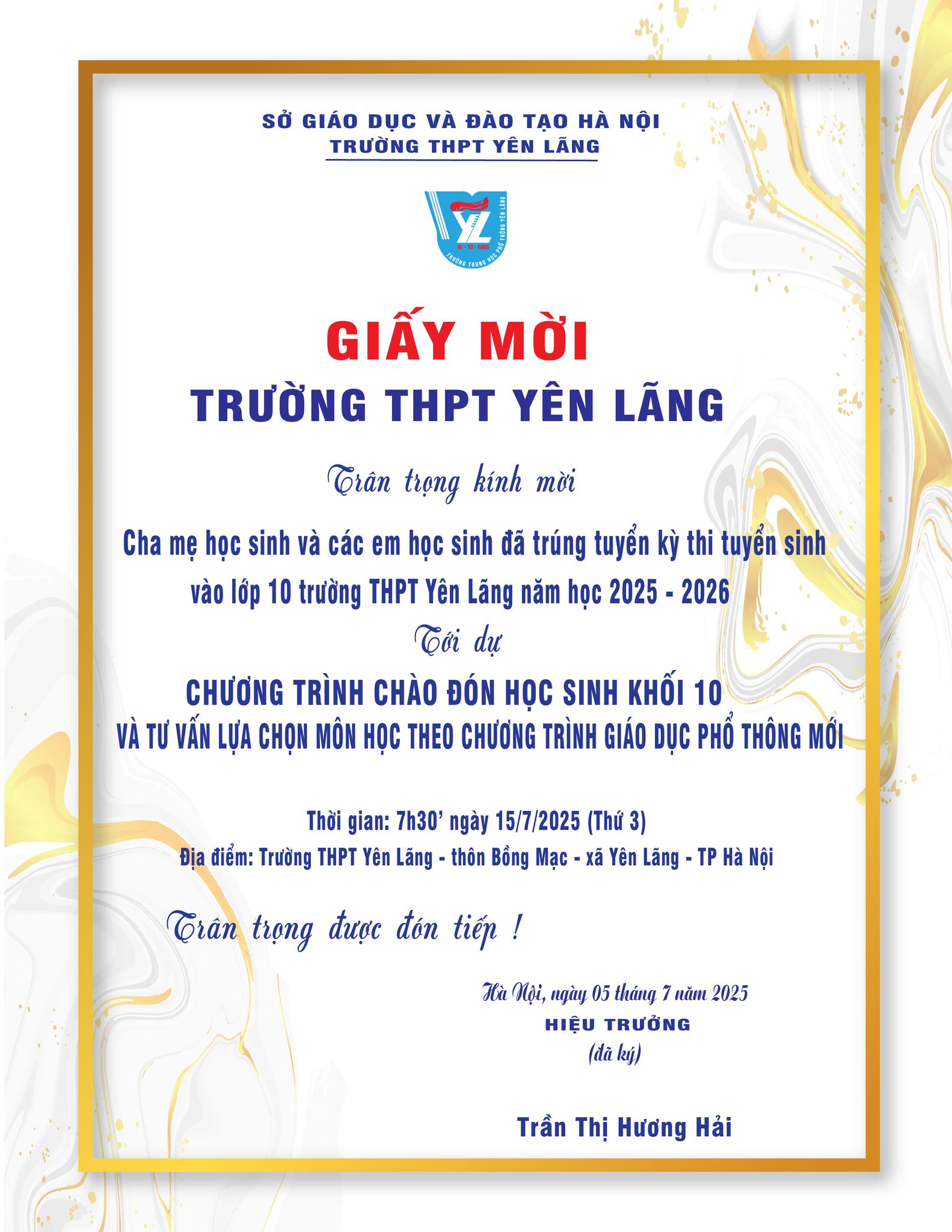 Giấy mời tham dự chương trình "Chào đón học sinh khối 10 và tư vấn lựa chọn môn học theo chương trình GDPT mới 2018"