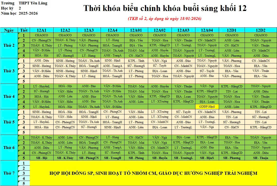 Thời khoá biểu học kỳ II năm học 2025 -2026