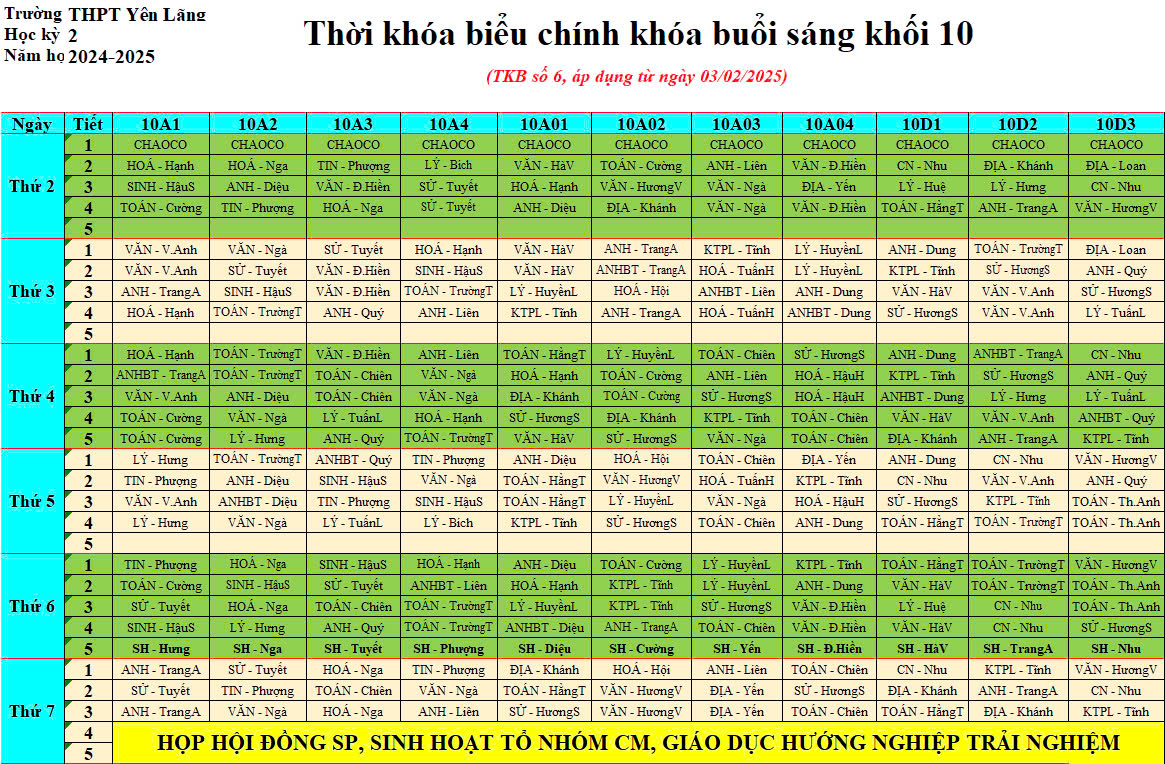 Thời khóa biểu chính khóa số 6 (Áp dụng từ ngày 03/02/2025)
