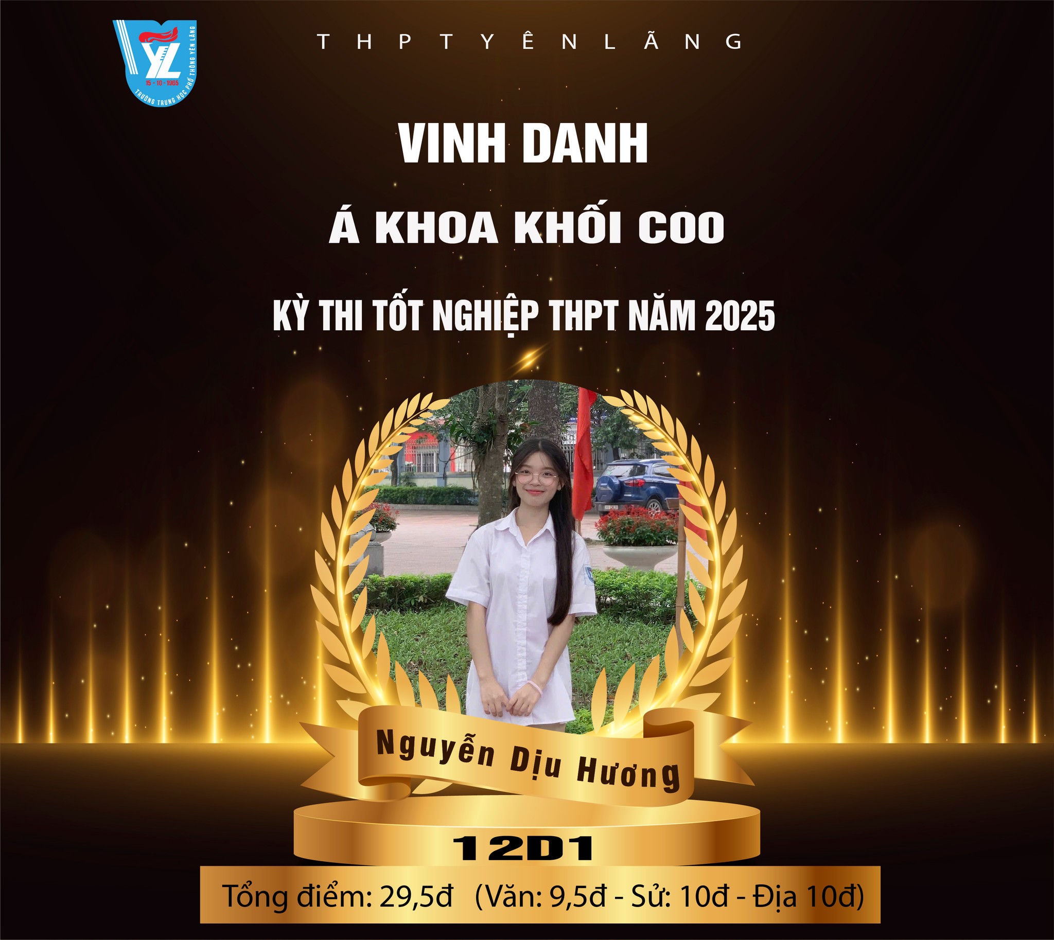 Chúc mừng em Nguyễn Dịu Hương - lớp 12D1  trường THPT Yên Lãng trở thành Á khoa toàn quốc khối C00 trong kỳ thi TNTHPT năm 2025
