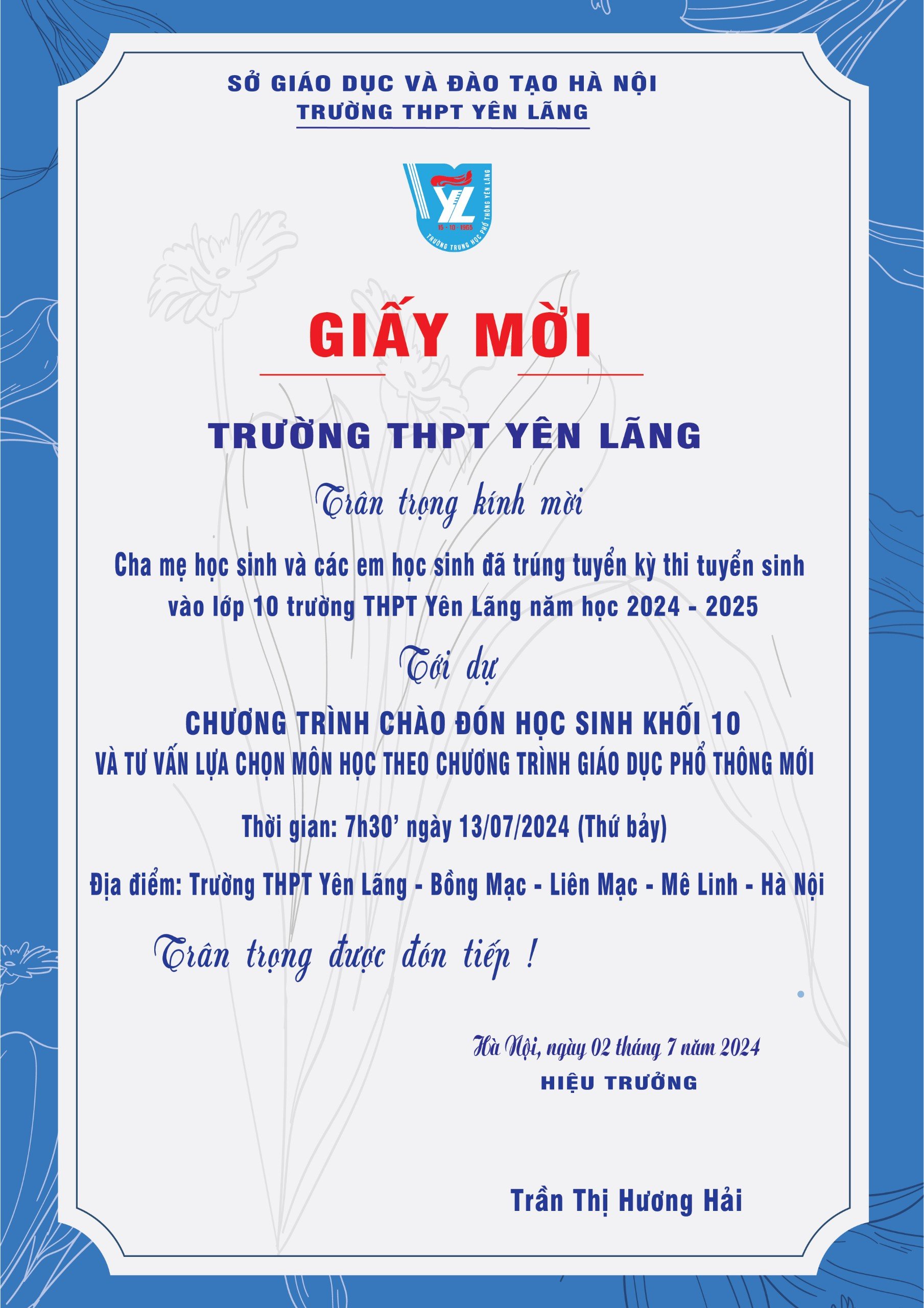 Giấy mời CMHS và các em HS trúng tuyển vào lớp 10 trường THPT Yên Lãng năm học 2024-2025